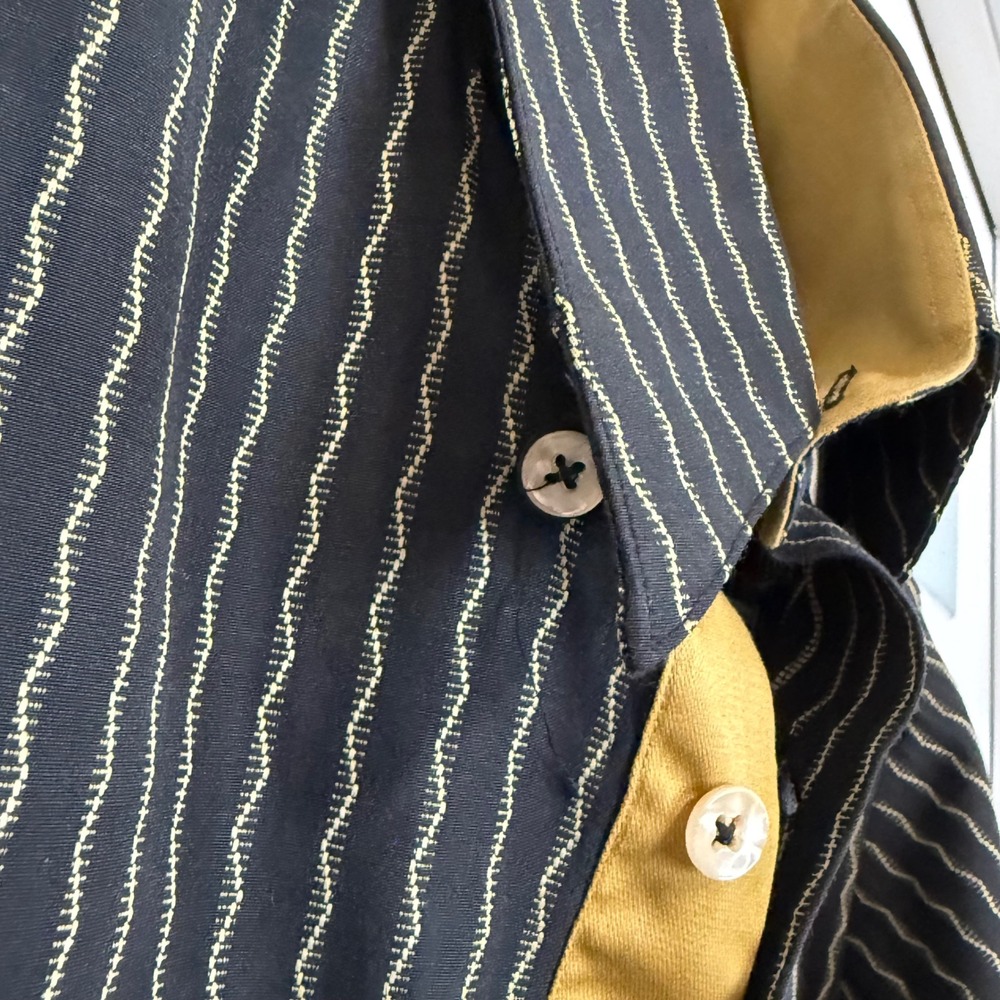 Bachrach Mens Cyrus Black Gold Wavy Pinstripe Long Sleeve Button Down Shirt M - Picture 3 of 7